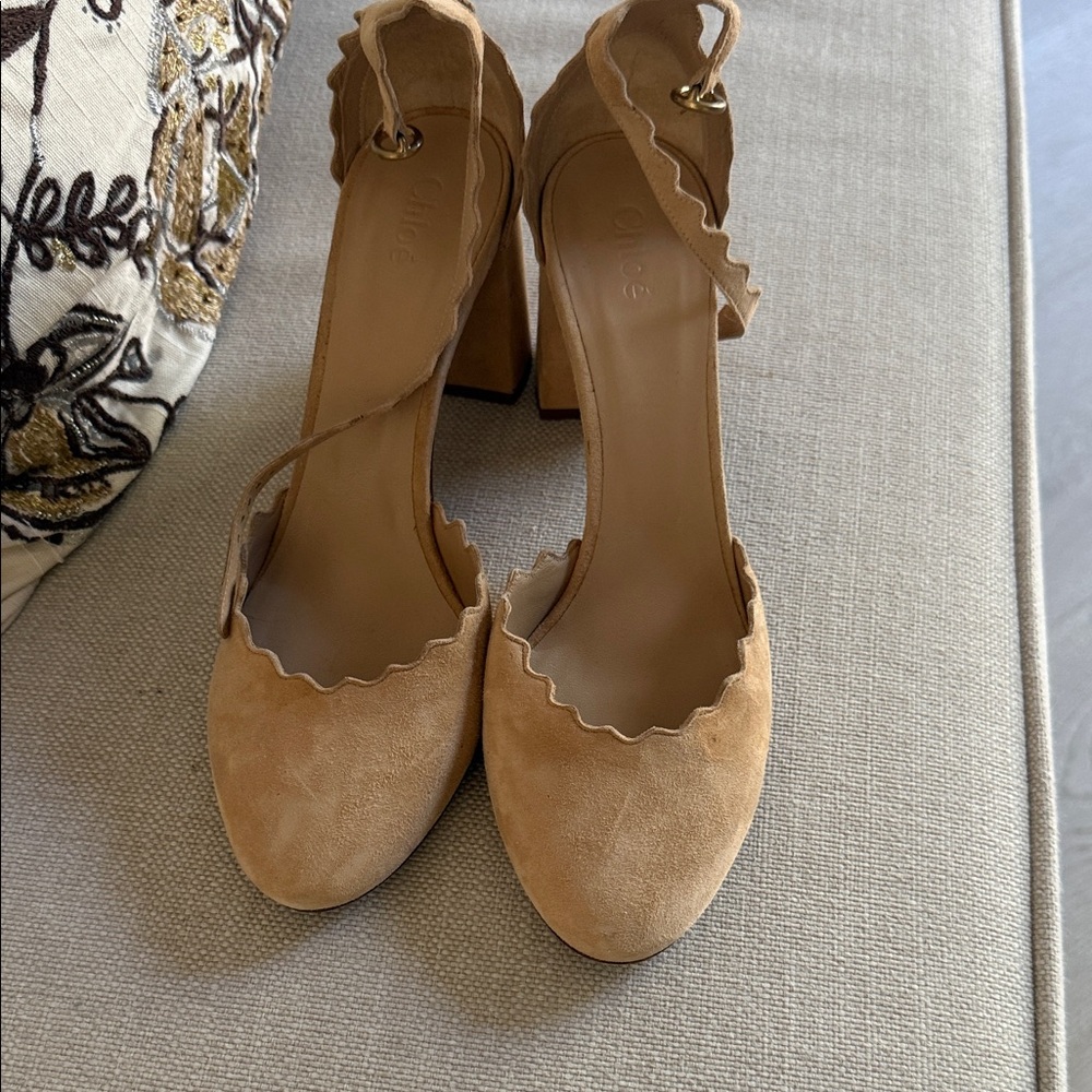 Chloe Tan Suede Scalloped Heels